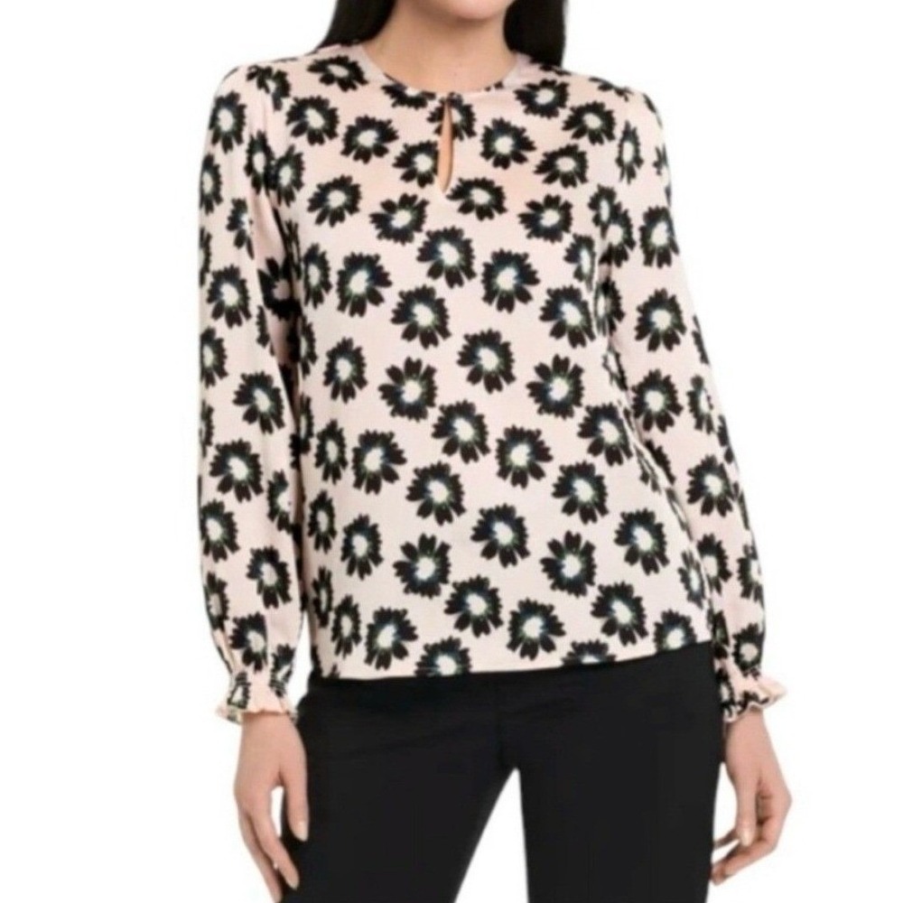 Ted Baker Floral Blouse Women's Large Pink Black Keyhole Long Sleeve Top